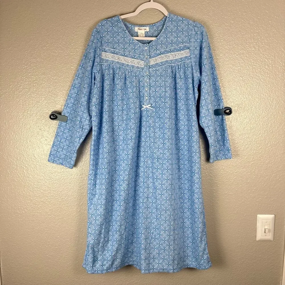 NWT Casual Night Size Medium Blue Fleece Lace Nightgown Sleep Lounge House Dress